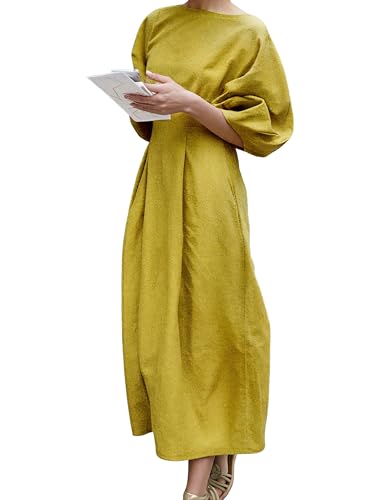 oshoplive Women's Vintage Linen Midi Dress 2025 Puff Sleeves Crew Neck Empire Waist Casual Dresses with Pockets