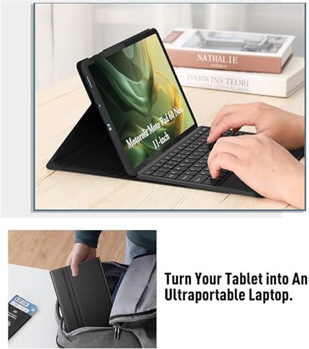 Image of HOM Tri-Fold 7-Colour Backlight Detachable Wireless Bluetooth Keyboard with Trackpad /Touchpad Tablet Cover Case for Motorola Moto Pad 60 Neo 11-inch 2025