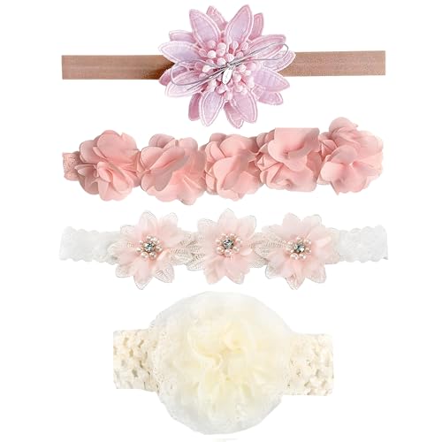 YINKE ベビー ヘアバンド 4点セット 赤ちゃん レース 花 ヘアアクセサリー へあアクセサリー リボン かわいい おしゃれ プレゼント 子供 女の子 髪飾り お祝い 結婚式 新生児 誕生日 出産祝い 記念撮影のサムネイル