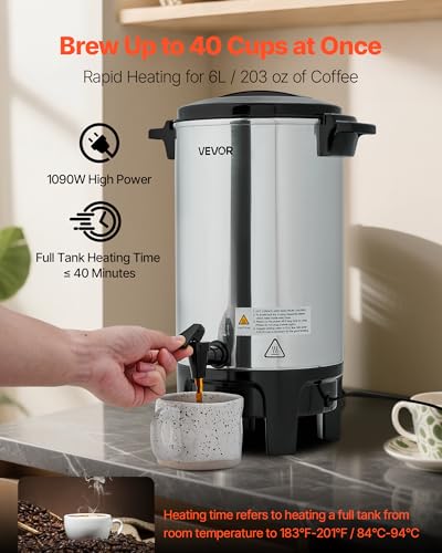 Image of VEVOR Commercial Coffee Urn, 40 Cup 6 L Hot Beverage Dispenser with Dripless Faucet, Quick-Brewing Commercial Coffee Maker, Automatic Temperature Control, for Catering, Party, Church & Restaurant