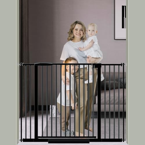 Image of DEARBB Extra Wide Baby Gate Ultra Narrow Spacing 30.11-77.36 inch Pressure Mounted Double Lock Swing Auto Close Walk Through Metal Safety Pet Gate for Stairs and House Doorway Kitchen