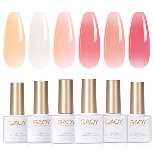 GAOY Milky White x Jelly Nude Gel Nail Polish Set, 6 Transparent Colors Sheer Pink Orange Gel Nail Kit for Salon Gel Manicure and Nail Art DIY at Home