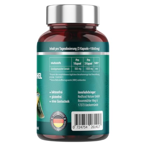 GRÜNLIPPMUSCHEL PREMIUM KAPSELN 1500 MG GRÜNLIPPMUSCHELPULVER PRO PORTION HOCHDOSIERT XXL DOSE 300 KAPSELN 5-3 MONATSVORRAT OHNE MAGNESIUMSTEARATE MADE IN GERMANY VON REDFOOD