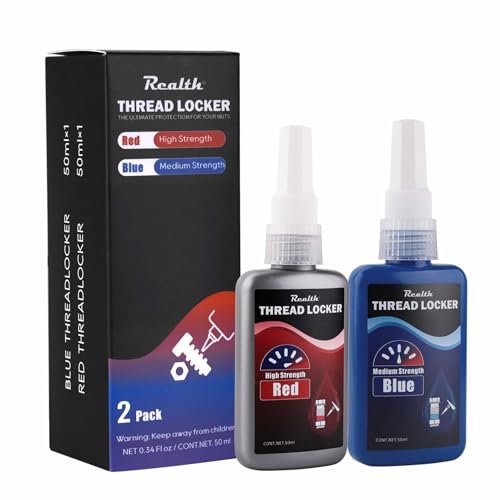 Realth 50ml-2 Pack Threadlocker Blue and Red, Medium Strength and High Strength Thread Locker, Lock Tight Thread Lock for Metal, Fasteners, Nuts, Bolts to Against Losening and Seal