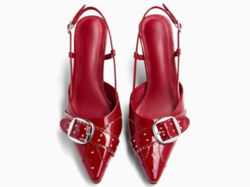 Image of Coutgo Womens Slingback Kitten Heels Studded Closed Pointed Toe Pumps with Buckle Party Dress Shoes