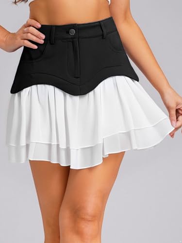 Women Summer Gathered Denim Skirt with Chiffon Ruffles High Waist A-line Pleated Skirt Mini2