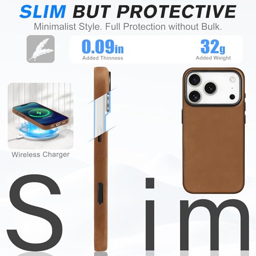 Image of SHIELDON Genuine Leather Case for iPhone 17 Pro 6.3 inch, Crazy Horse Brown | Crazy Horse Leather, for MagSafe, Magnetic Wireless Charging, Metal Buttons, Camera Button, Camera Bezel, Shockproof, Slim