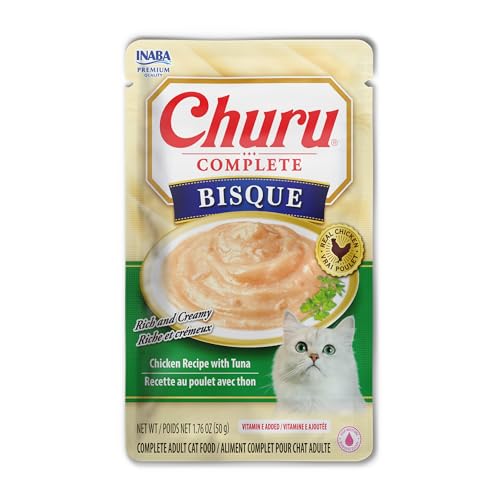 INABA Churu Complete Bisque for Cats Grain-Free High Protein & Moisture Wet Cat Food with Fish Oil 1.76oz. Pouch 12 Pouches Chicken with Tuna Recipe
