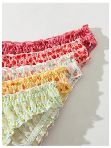 Image of GORGLITTER Women's 5pack Cute Panties Floral Print Low Rise Frilly Panties | Low Waist Underwear Set, Bow Lettuce Trim, Coquette Clothes