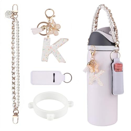 Image of Letter Accessories for Owala Water Bottle 24/32/40oz,Initial Charm、Lipstick Holder and Handle Strap for Owala Accessories and Stanley Cup Accessories (White, K)