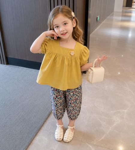 Image of Bold N Elegant Girls Floral Print Balloon Sleeve T-Shirt Top and Capri Shorts Summer Clothing Set for Infant Toddler Baby Girls