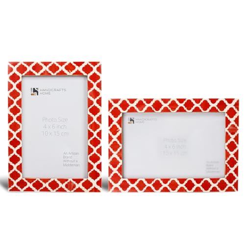 Image of Handicrafts Home Red & White Vintage Photo Frames for Wall or Tabletop Display, 4x6 Picture Frame Set of 2,Boho Farmhouse Gallery Wall Frame Set, Artisan Handmade Home Decor, Handmade Moroccan Frame