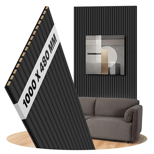 Panneaux acoustiques chêne noir, lattes de bois en feutre noir, revêtement mural, bois véritable, 1000 x 480 mm - Largeur des lattes: 27 mm