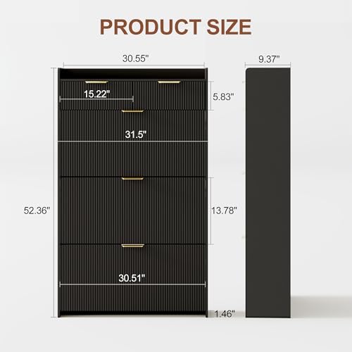 GarveeHome Wave Design Shoe Cabinet with 3 Slip Drawers, 2 Drawers, Raised Edges, Fluted Shoe Cabinet, Slim Hidden Shoe Organizer, Wooden Shoe Storage for Entryway, Front Door, Living Room, Black