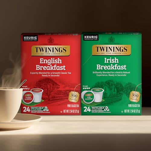 Image of Twinings English Breakfast Black Tea K-Cups for Keurig, 24 Count (Pack of 1) + Irish Breakfast Black Tea K-Cups for Keurig, 24 Count (Pack of 1)