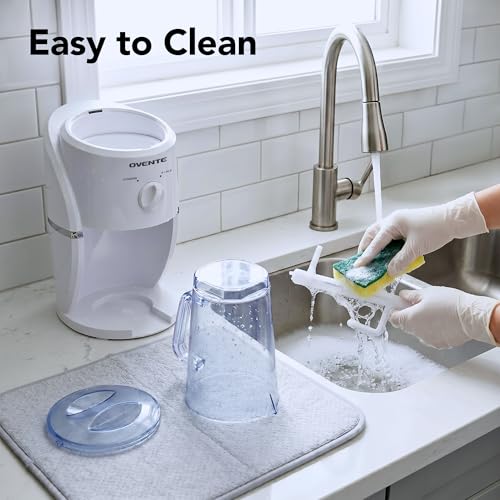 Image of OVENTE Shaved Ice Machine, Electric Ice Shaver with 2 Shaving Settings, Blending Jar /Serving Pitcher, Easy to Use Slushy & Snow Cone Maker for Homemade Treats, Frozen Cocktails & More, White ICR2037W