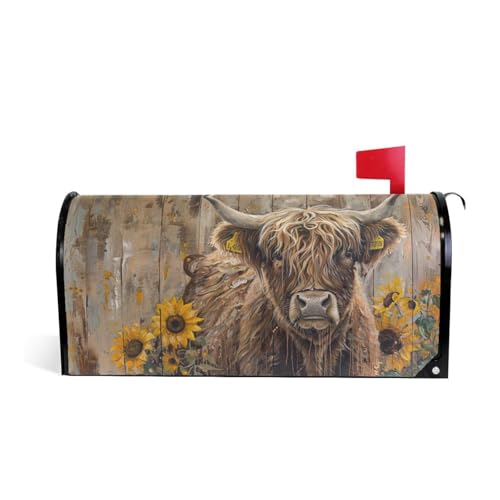 ALAZA Highland Cow and Sunflowers on Rustic Wooden Magnetic Mailbox Cover MailWraps Garden Yard Home Decor for Outside Standard Size-18