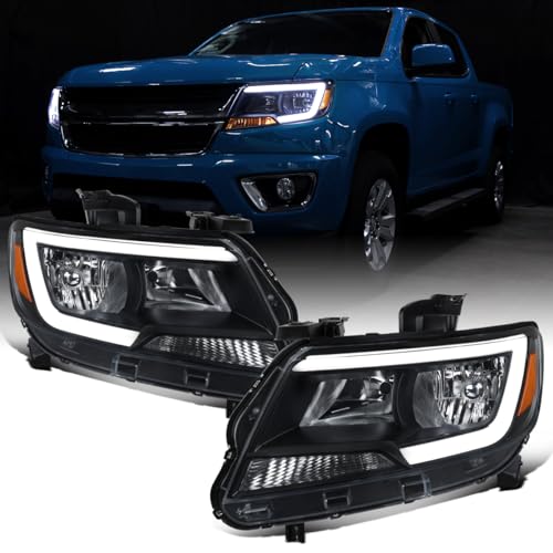 Ronnin - Fits 2015-2022 Chevy Colorado LED Running Light Tube Animated Startup Effect Halogen Headlights Assembly Pair | Black
