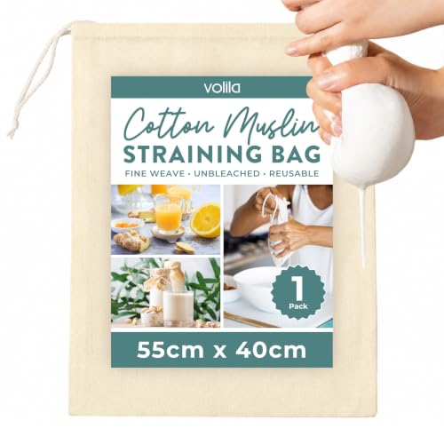 volila Cheese Cloth, Colador Tela   1 Paquete (55 x 40cm) Colador de Tela de Algodón Sin Blanquear con Cordón   Bolsas de Malla Fina Lavables para Colar Jugo, Leche, Vino y Yogur