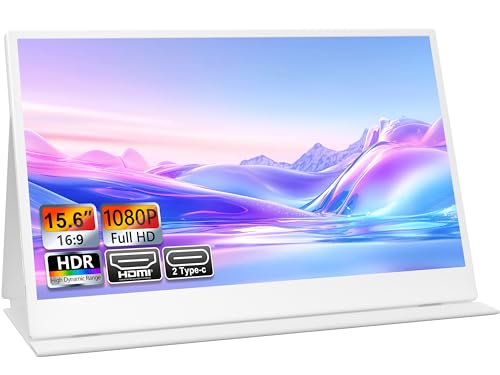 UFYQL Portable Monitor 15,6 Zoll (Tragbarer Monitor) mit FHD IPS Display, Plug and Play mit Schutzhülle, USB-C & HDMI Anschlüsse, VESA-kompatibel, für Laptop, PC, Mac, PS5, Xbox, Switch (Weiß) 1