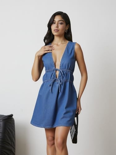 Women's Tie Front Mini Denim Dress Deep V Neck Sleeveless Y2k Jean Dresses4