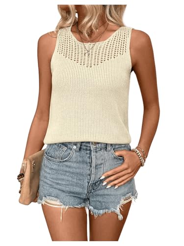 Image of MakeMeChic Women's Crochet Tank Tops Sleeveless Hollow Out Knitted Pullover Sweater Vest Pullover Tops Apricot Small