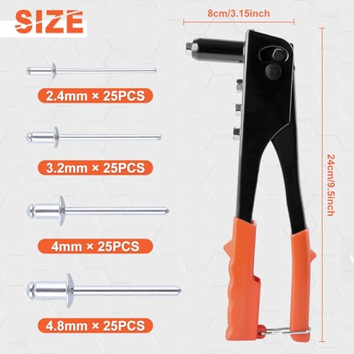 GOLD DEER 4-in-1 Heavy Duty Hand Riveter Rivet Gun Pop Rivet Tool Kit with 100 Rivets 3/32-inch, 1/8-inch, 5/32-inch, 3/16-inch,4 Interchangeable Nosepieces for Metal,Plastic,Wood and Leather - Image 5
