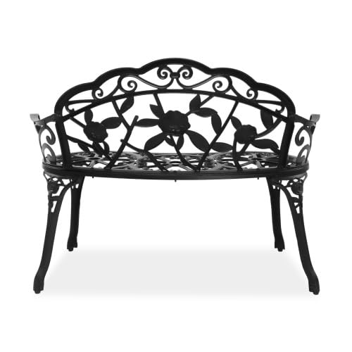 Bonnlo Banc Exterieur Jardin en Aluminium Moulé|Style Vintage avec Motif de Roses|Banquette,Bancs de Jardin Robuste pour Terrasse, Balcon et Patio|Noir