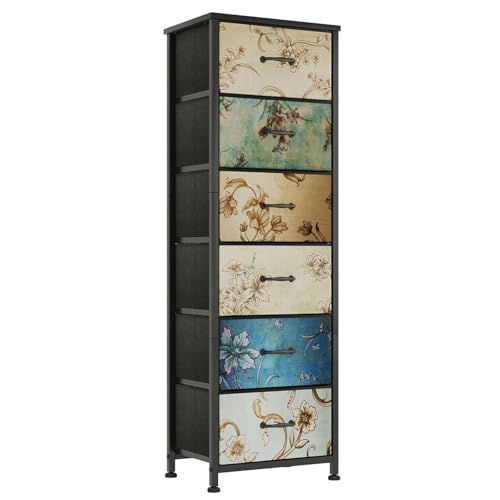 CAIYUN Cómoda con 6 cajones de Tela Estrecha Armario de tocador Bohemio, Armario de Almacenamiento para Dormitorio, Cómoda de para Sala de Estar, Dormitorio, habitación Infantil