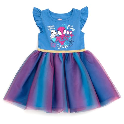 Marvel Spidey and His Amazing Friends Toddler Girls Ruffle Sleeve Glitter Tulle Dress Blue Purple Gradient 4T