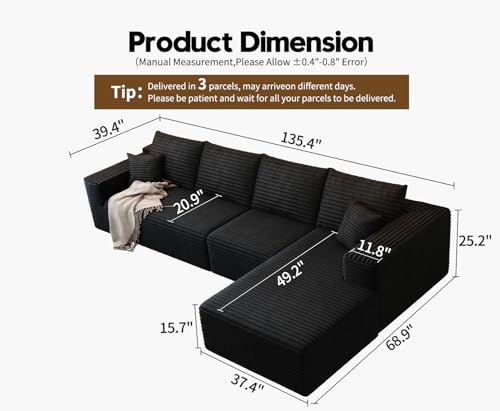 Image of 135.4 inch Cloud Modular Sectional Sofa Couch with L-Shape Chaise,Modern Minimalist Upholstered Couches for Living Room Bedroom,Deep Seat Corner Couch,No Assembly Required (Black,Right Facing Chaise)