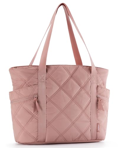 BAGSMART Tote Bag for Women, Puffer Carry On Tote with Zipper, Travel Essentials Quilted Nurse Travel Bag, Dark Pink