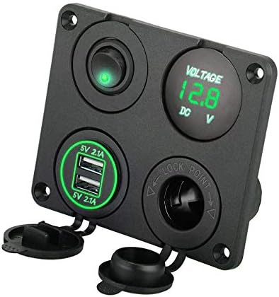 Linkstyle 4 in 1 Charger Socket Panel, 12V 4.2A Dual USB Charger Socket Power Outlet& LED Voltmeter & Cigarette Lighter Socket & Green LED Lighted ON/Off Rocker Toggle Switch for Car Marine Boat Truck
