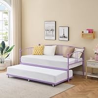 IDEALHOUSE Twin Daybed with Trundle, Metal Twin Size Daybed with Pullout Trundle 6 Casters, Steel Slat Support Sofa Bed for Living Room, Bedroom, Guest Room (Purple)