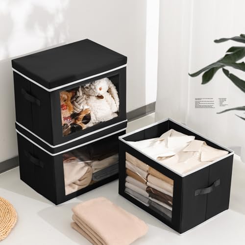 Image of Homsorout Stackable Storage Bins with Lids - Large Decorative Basket with Lids, Fabric Foldable Closet Organizer Bins, Shelf Organizer for Living Room, Dorm, 5 Pack, Black