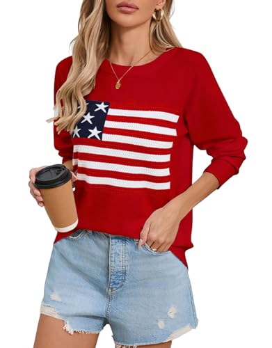 Image of Women's Lightweight Thin Knit Sweater USA American Flag Pullover Sweaters