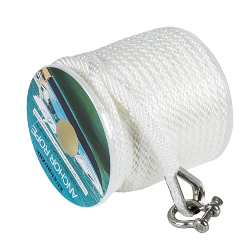 100 ft x 3/8 inch Anchor Rope, Braided Anchor Line Premium Solid Braid MFP Boat Rope with Stainless Steel Thimble & Shackle, Marine Rope, Boat Accessories-White