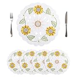 Dimensions & Design: Ce lot comprend 4 sets de table ronds (diamètre 35 cm). Le motif classique de tournesols, aux tons jaunes éclatants, apporte une touche chaleureuse et ensoleillée à votre décoration de table.
