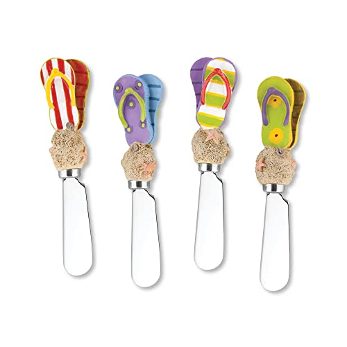 Wine Things Beach Sandals Cheese Spreaders, Hand-Painted Resin Handles with Stainless Steel Blades for Spreading Cream Cheese, Butter, and Jam, Assorted Designs, Set of 4