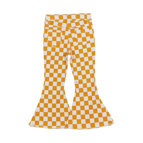 Toddler Girl Yellow Checkerboard Jeans Denim Bell Bottom Pants2
