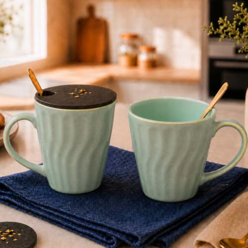 Image of The Earth Store Green Artisan Wave Coffee Mug with Lid and Spoon Set of 2 | 340ML Ceramic Coffee Mugs Set of 2 | Resin Art Wooden Lid & Golden Spoon | Premium Coffee Mugs for Gift