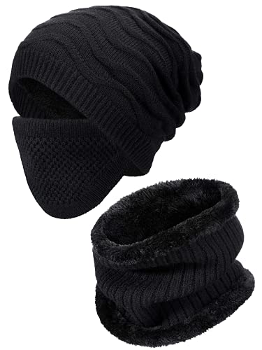 Mens Winter Hat Scarf Mask 3 in 1 Fleece Lined Thick Warm Beanie Hats Set Knit Slouchy Skull Caps(Black, Medium)