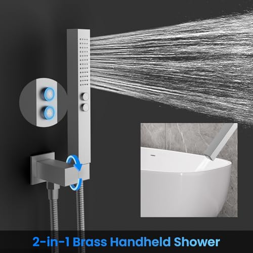 Set de grifería para ducha, sistema de lluvia de montaje en techo de 12" con 2 cabezales de ducha, 2 en 1 de mano, válvula de balance de presión de latón macizo y kit de recorte, acabado niquelado cepillado miniatura 5