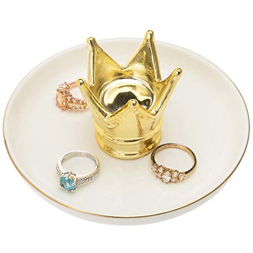 MyGift Ceramic Golden Crown Ring Holder & Jewelry Dish