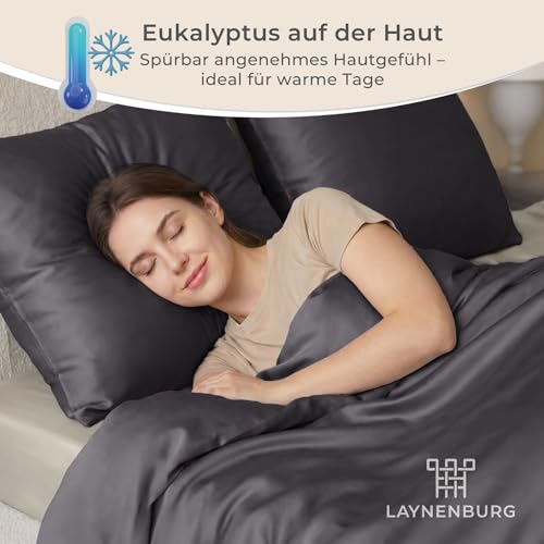 LAYNENBURG Pościel premium Lyocell 135 x 200 + poszewka na poduszkę 80 x 80 cm – 100% lyocell Tencel z m.in. eukaliptusa – Oeko-TEX 100 – chłodząca pościel letnia z zamkiem błyskawicznym (czarna)
