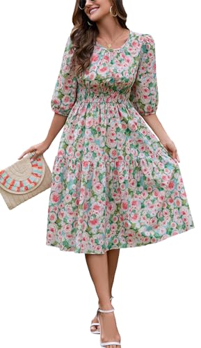Image of Kormei Women Casual Boho Floral Round Neck 3 /4 Sleeve Smocked Waist Tiered A Line Flowy Swing Midi Dress Long Dresses