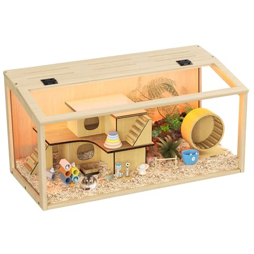 BingoPaw Cage Hamster en Bois, Habitats pour Rongeur Souris avec Fenêtre en Verre Trempé et Trous de Ventilation pour Gerbilles et Cochon d'Inde 60x40x40cm