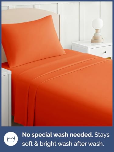 Image of Kids Twin Size Bed Sheet Set - 3 Piece Kids Loft Bed Sheets - Solid Orange Themed Bedding - Soft, Cute and Cozy - Breathable and Machine Washable - Bedding for Boys, Girls, Teens & Toddlers - Oeko-Tex