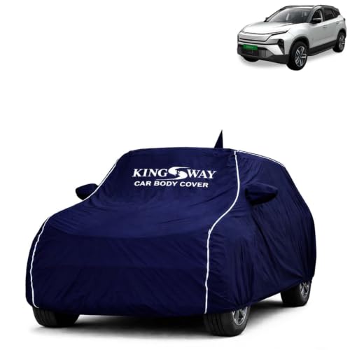 Image of KINGSWAY Super Waterproof Car Cover Only with Tata Harrier EV (Year 2025 Onwards - All Model) | Mirror and Antenna Pockets | All Weather Car Body Cover with Silver Piping | Blue