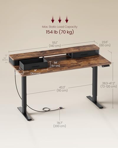 Image of VASAGLE Electric Standing Desk with Drawers, Sit Stand Desk with Built-in Power Strip, Adjustable Height, 55.1 x 23.6 Inches, 2 Hooks, Memory Function, for Home Office, Rustic Brown ULSD184KD01